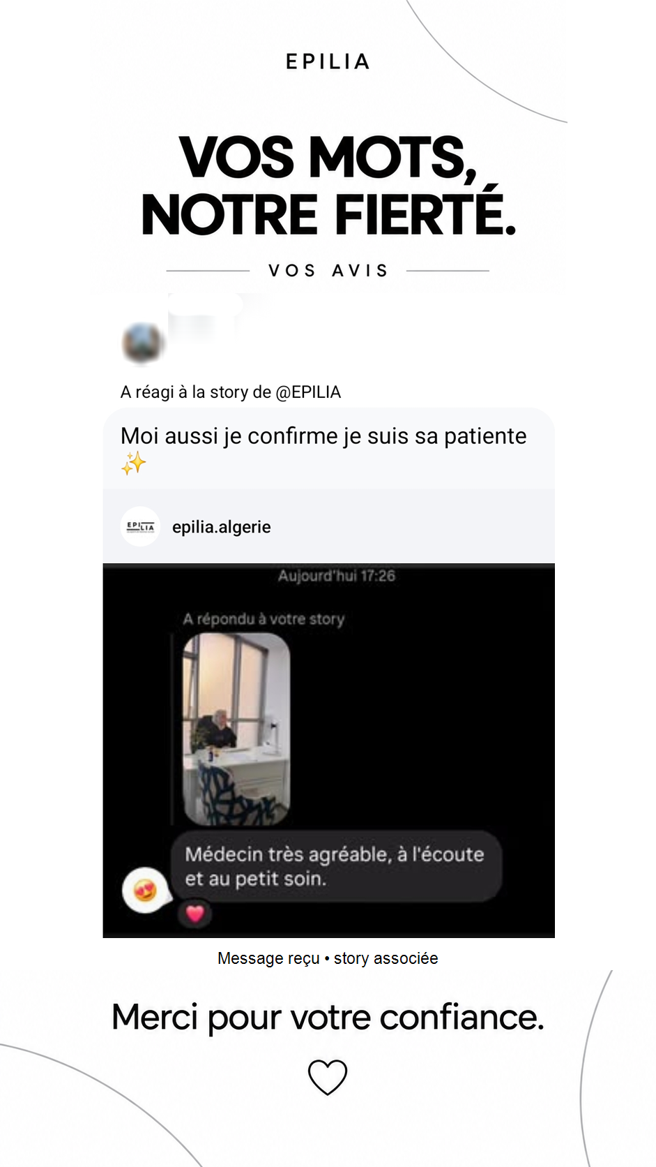 Avis réel 1 sur 15 — capture validée, identité floutée