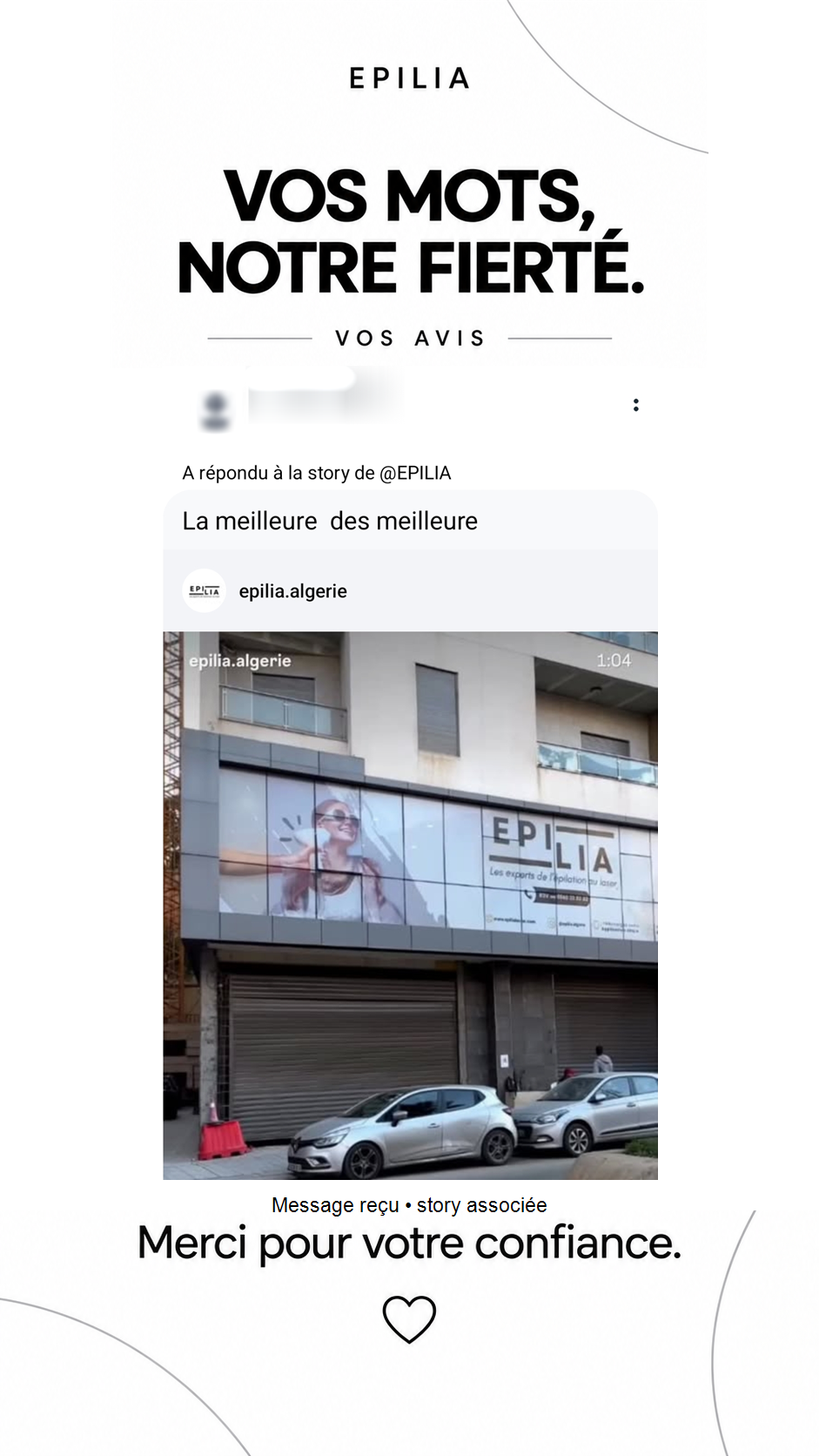 Avis réel 14 sur 15 — capture validée, identité floutée